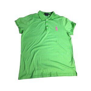 Ralph Lauren Golf Polo Shirt L Green & White Stripes Pink Pony Logo Tailored Fit